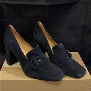 Marc Fisher Navy Blue Suede Buckle Heeled Loafer